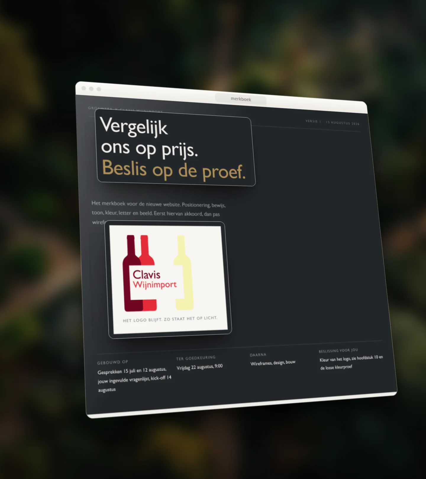 A real brand book in 3D: the positioning line and logo lifted off the page